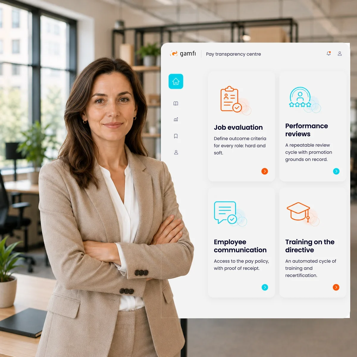 An HR director in front of a „Pay transparency centre” dashboard with tiles: job evaluation, performance reviews, employee communication and training on the directive