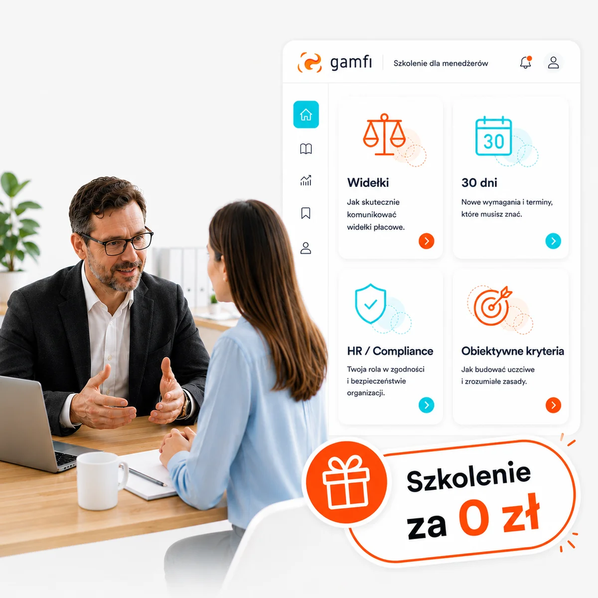 Menedżer rozmawia z pracownicą przy biurku, obok panel „Szkolenie dla menedżerów” z kaflami Widełki, 30 dni, HR / Compliance i Obiektywne kryteria oraz naklejką „Szkolenie za 0 zł”