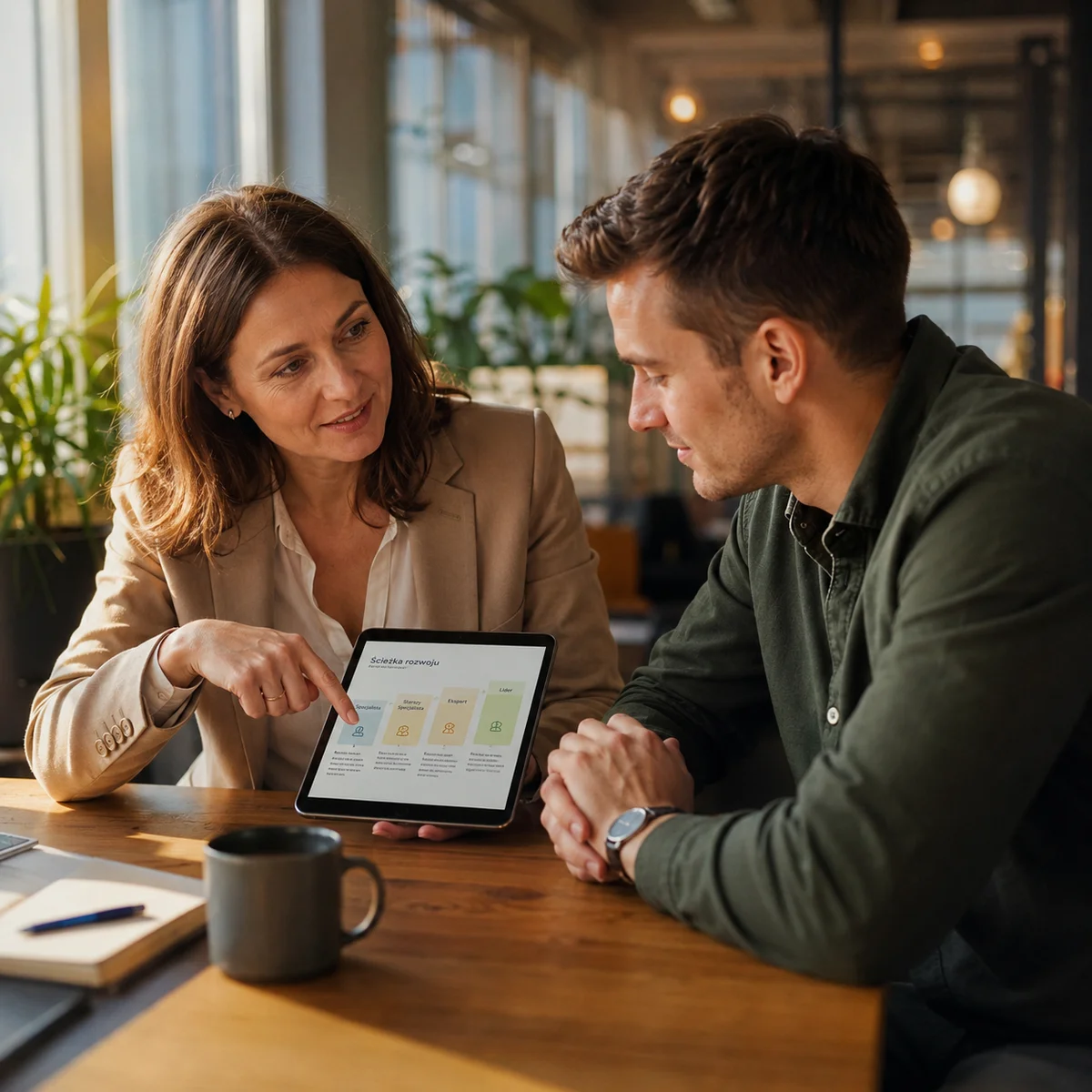 Two people at a table looking at a tablet showing a career path: Specialist, Senior Specialist, Expert and Leader levels