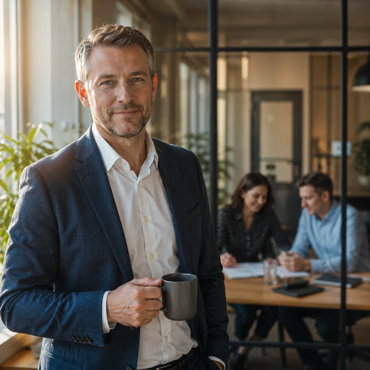 A manager holding a coffee mug outside a glass meeting room where two people are going through documents