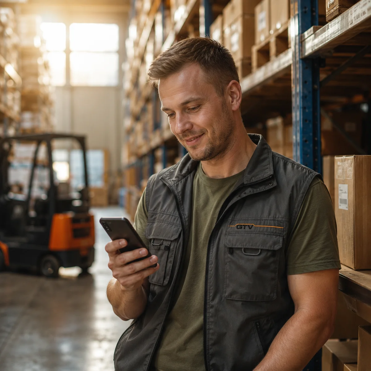 A warehouse worker in a hi-vis vest reading a message on a phone between the racks