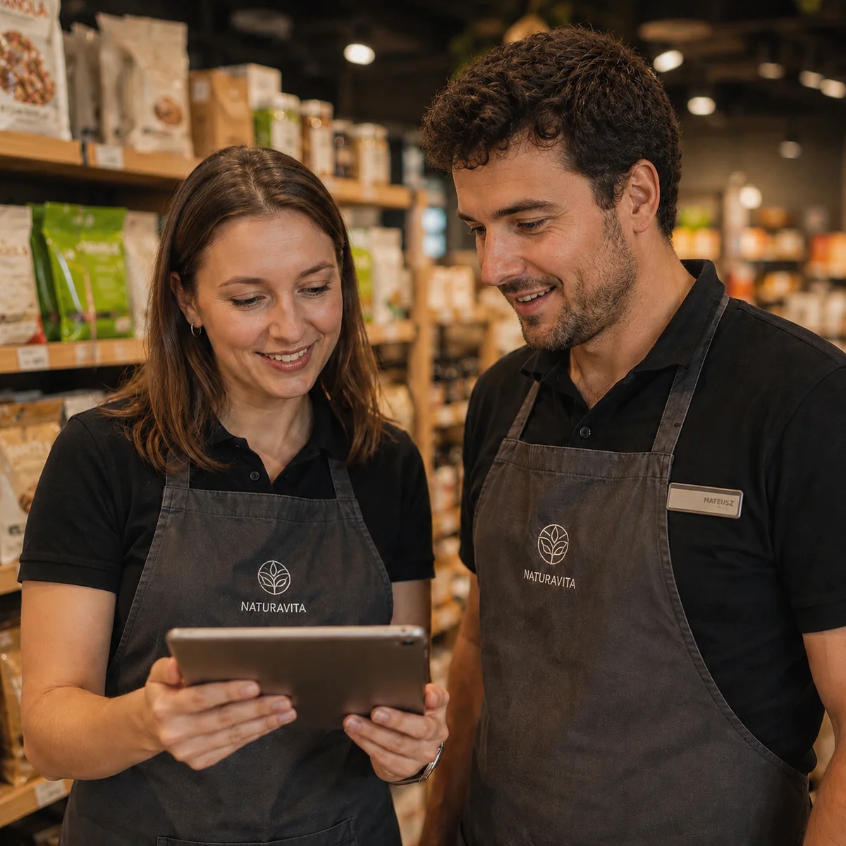 Two people in company aprons in a grocery store looking at a tablet together