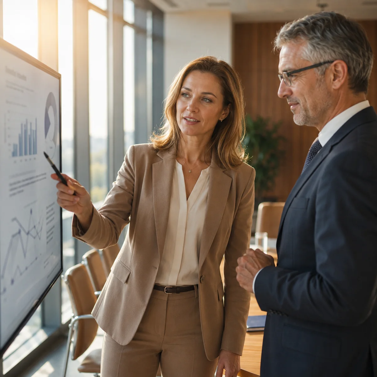 A woman presenting charts on a large screen in a boardroom, a man in a suit beside her